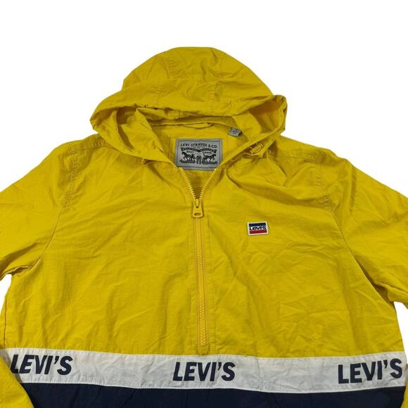 Levi’s Men’s Hooded Windbreaker Jacket Yellow Navy Half-Zip Pullover Size S - Picture 3 of 7